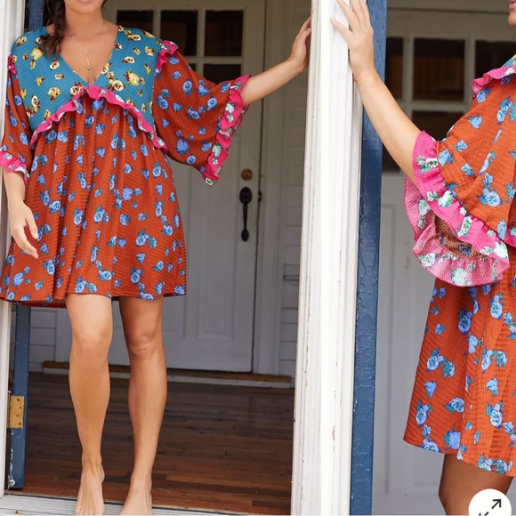 Anthropologie Small NEW Ruffle V Neck Sleep Mini Dress Baydoll Floral Boho - Picture 4 of 9